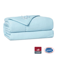 Folded cooling comforter in gray color with Outlast and NASA Space Foundation certification logos. #Color_Ice Blue
