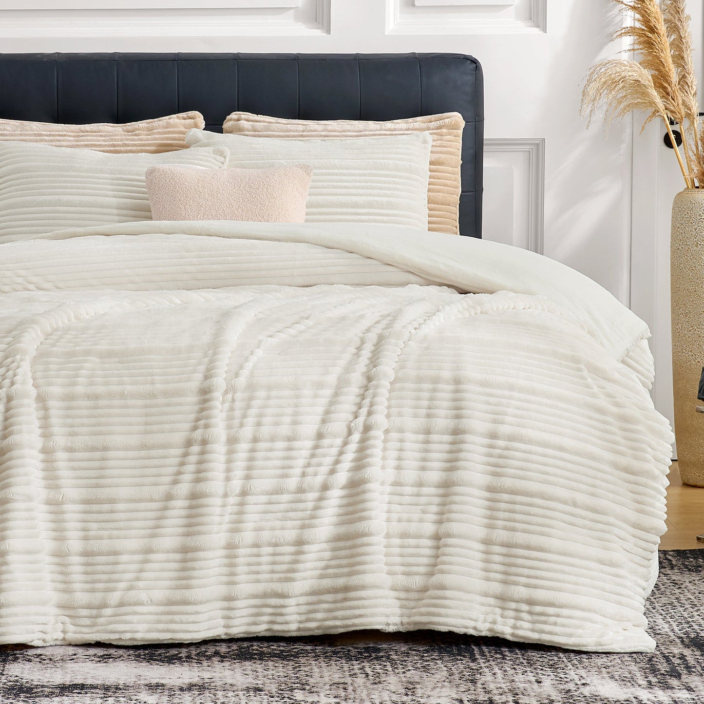 Striped Flannel Fleece Comforter Set-Ivory