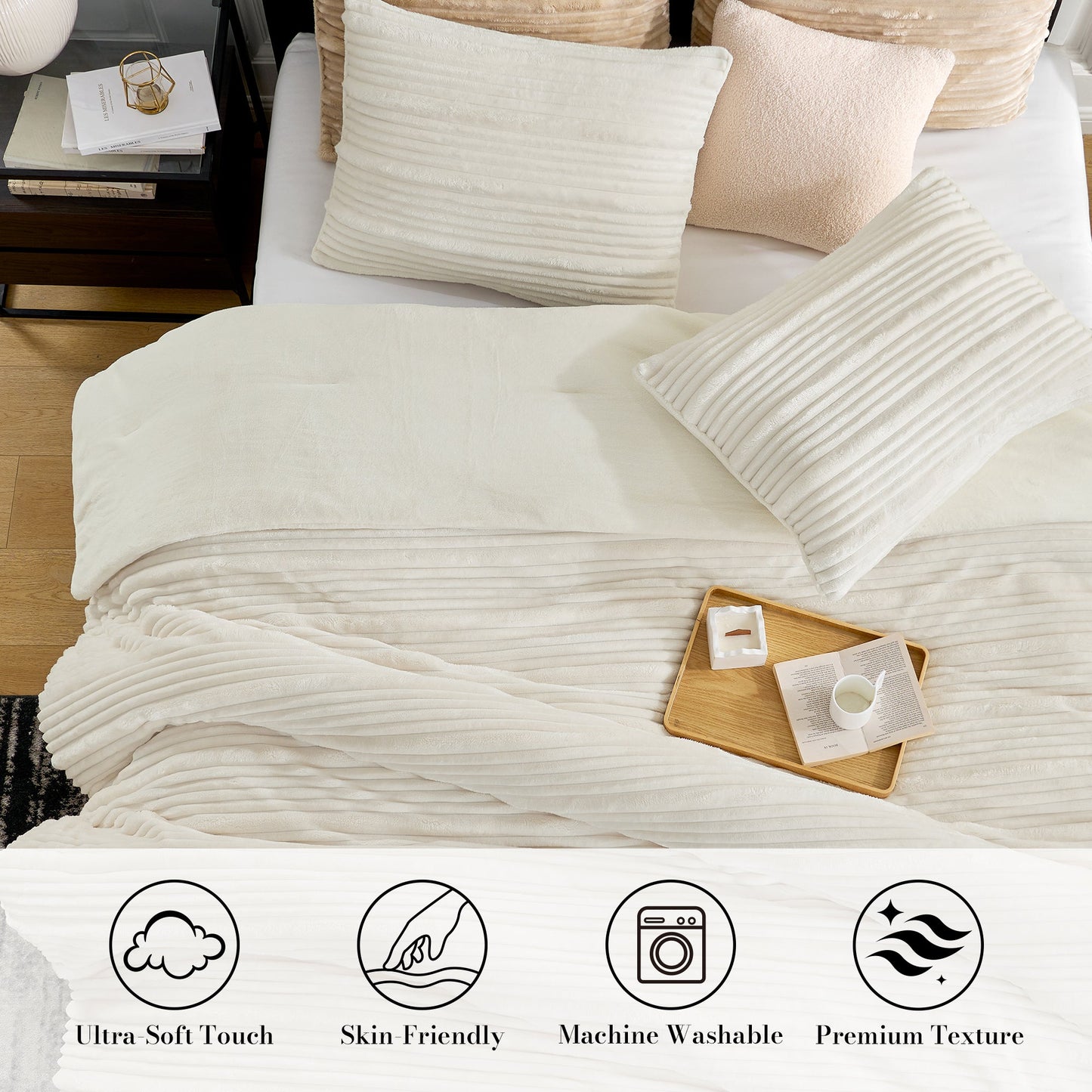 Striped Flannel Fleece Comforter Set-Ivory
