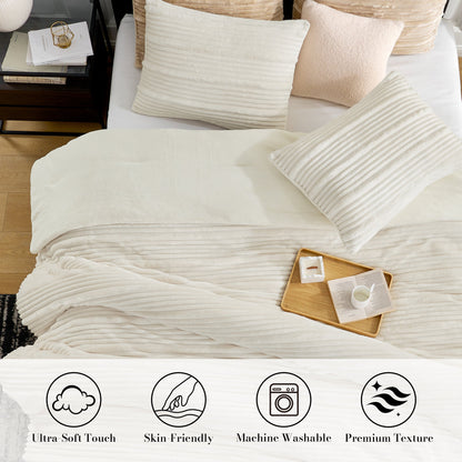 Striped Flannel Fleece Comforter Set-Ivory