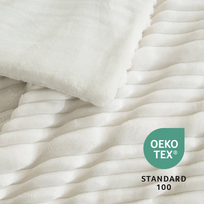 Striped Flannel Fleece Comforter Set-Ivory