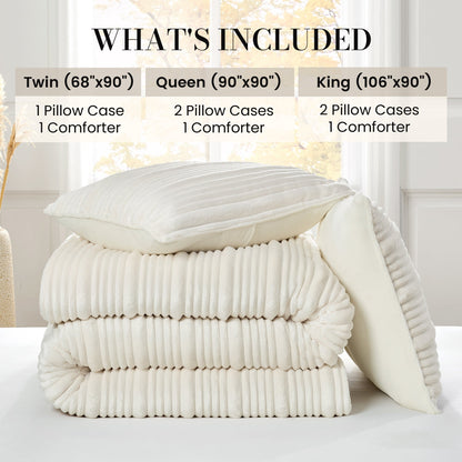 Striped Flannel Fleece Comforter Set-Ivory