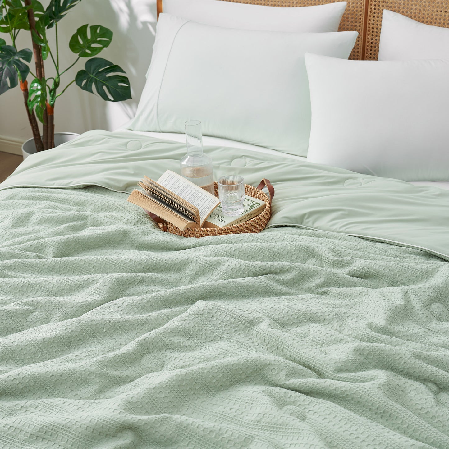 لحاف تبريد مزدوج الجوانب بنمط الوافل - أخضر فاتح 